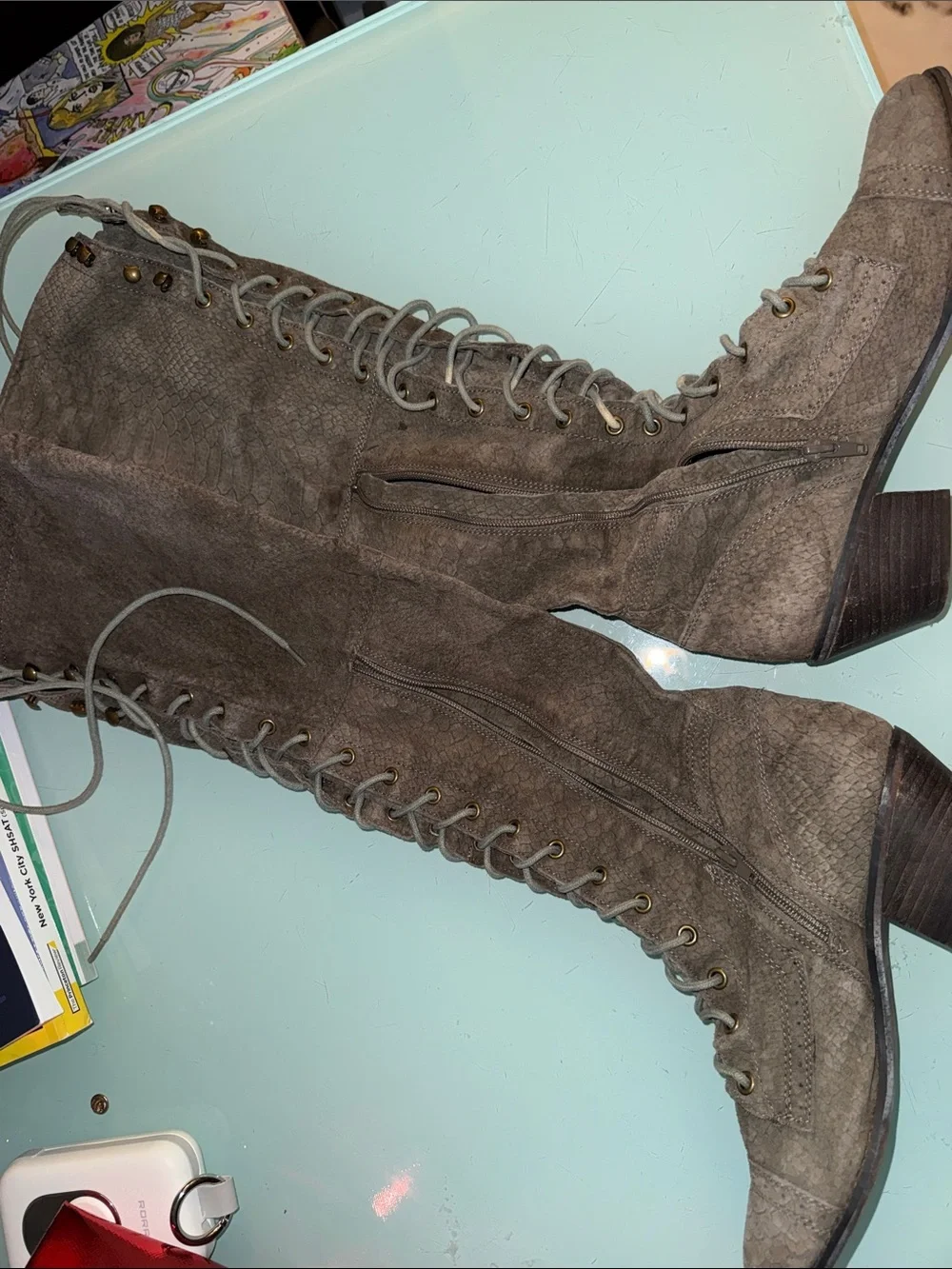 Jeffrey Campbell Over-the-Knee Lace-Up Boots in Taupe Suede